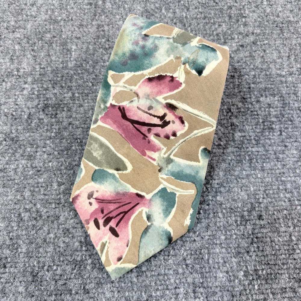 VTG‎ Polo Ralph Lauren Silk Tie Watercolor Floral Tan Teal Mauve Hand Made USA